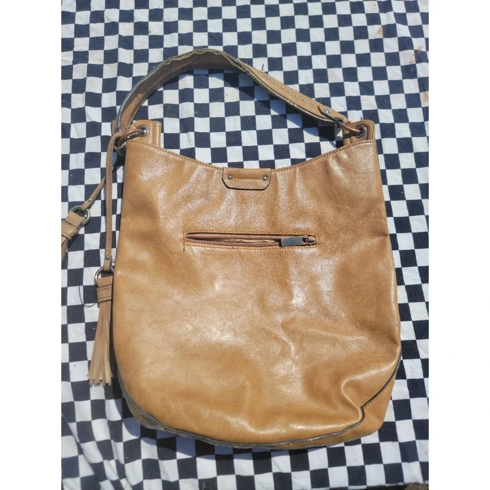 Tan Faux Leather Canvas‎ Hobo Shoulder Bag Tassel Zip Trim Distressed